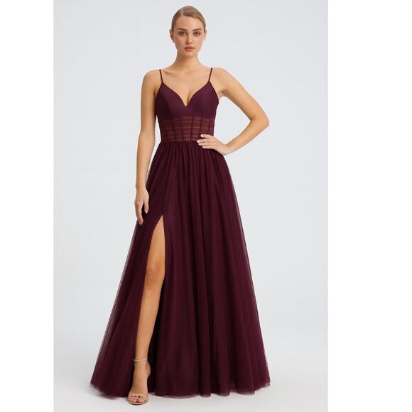 La Femme Corset Sheer Bodice Tulle Maxi Gown NEW Dark Berry Purple Size 2 - Picture 1 of 13